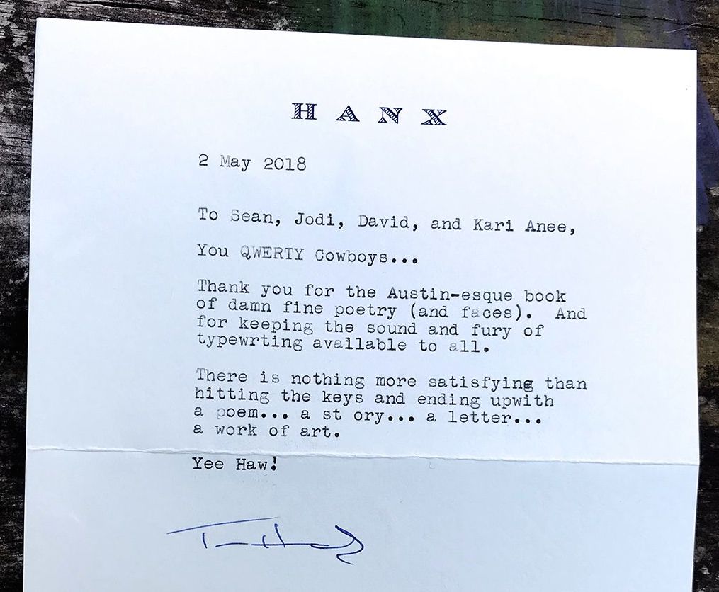 Letter to Typewriter Rodeo from Tom Hanks.